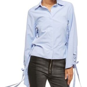 Alpha & omega lt blue button front lace up blouse